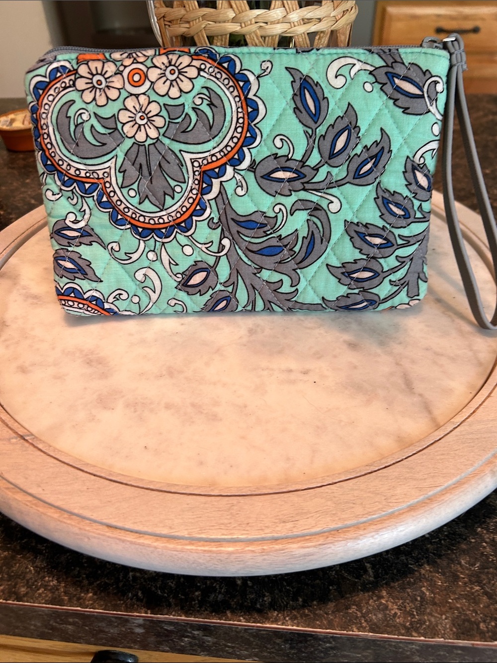 Vera Bradley Quilted Floral Wristlet in Mint and Blue